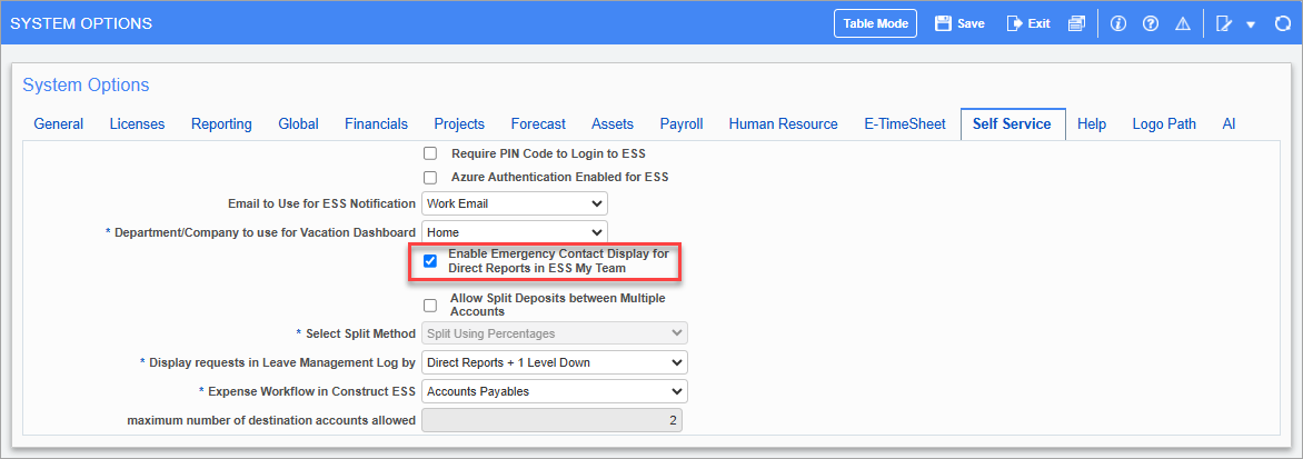Screenshot of System Options screen with Self Service tab enabled.