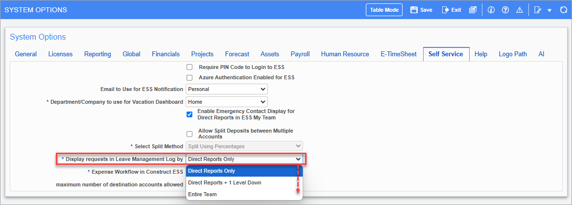 Screenshot of Self Service tab of System Options screen.