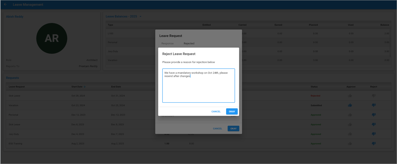 Screenshot of Reject Leave Request pop-up window.