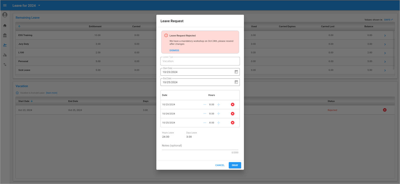 Screenshot of Leave Request Rejection.