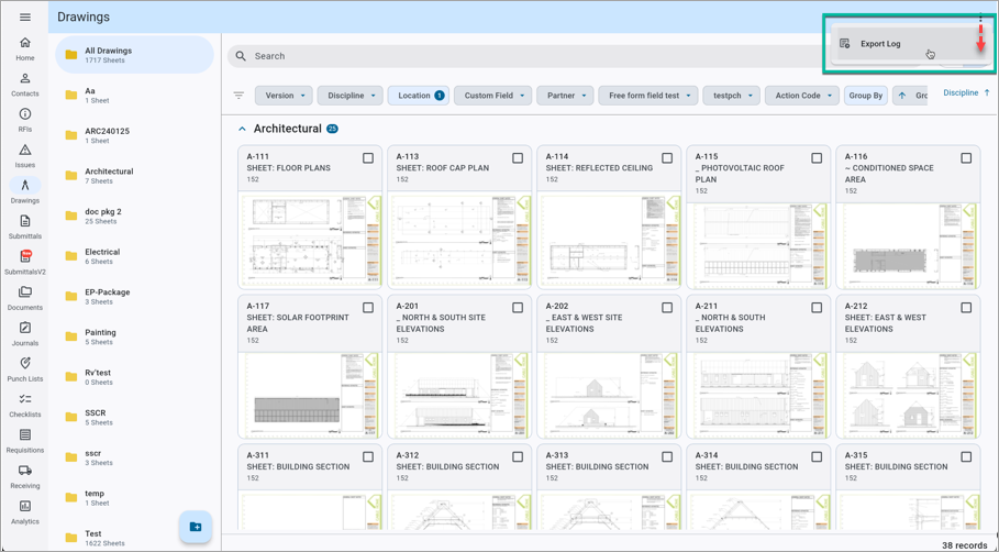 Screenshot of Drawings log.