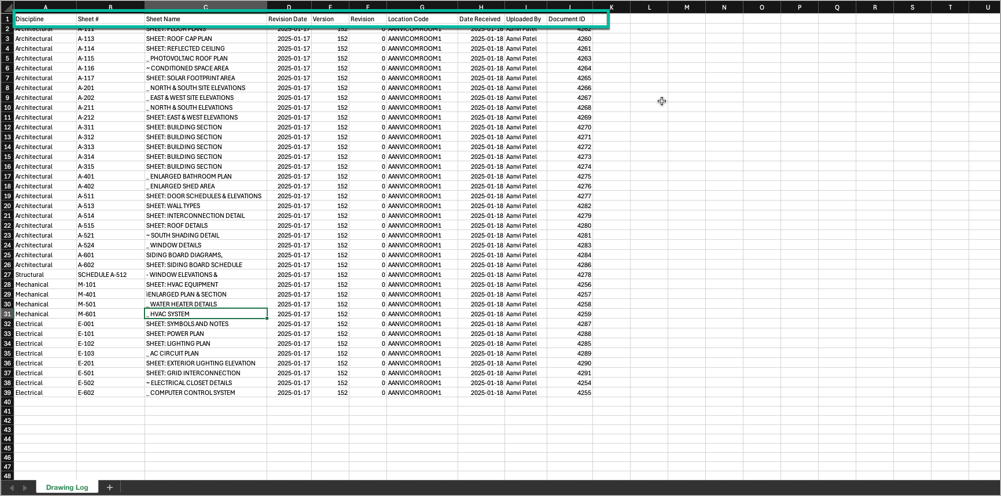 Screenshot of Drawings Export Log.