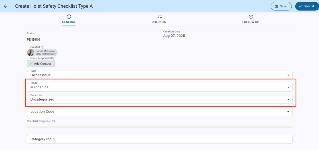 Screenshot of Checklists - General tab with Trade and Punch List fields highlighted.