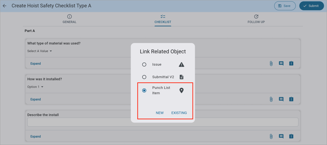 Screenshot of Link Related Object pop-up launched from Settings tab.