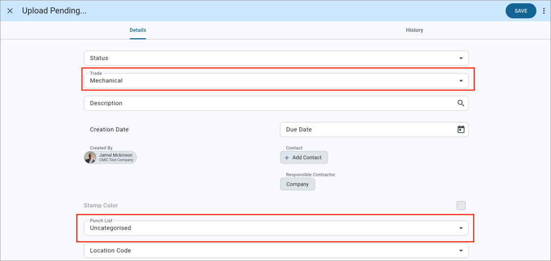 Screenshot of Upload Pending with Trade and Punch List field highlighted.