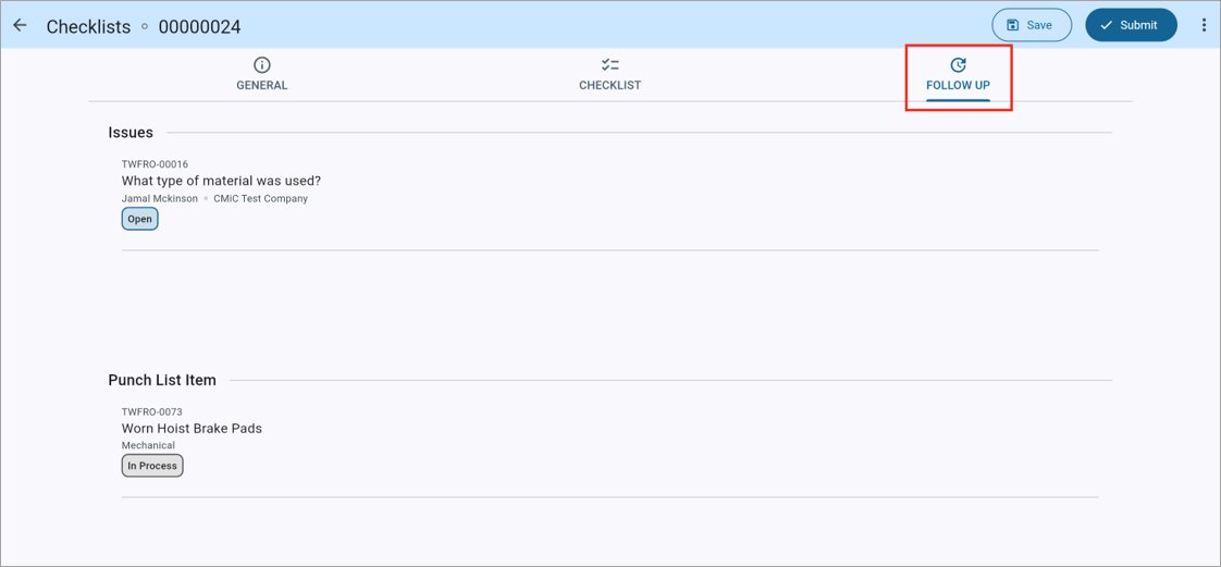 Screenshot of Checklists with Follow Up tab highlighted.