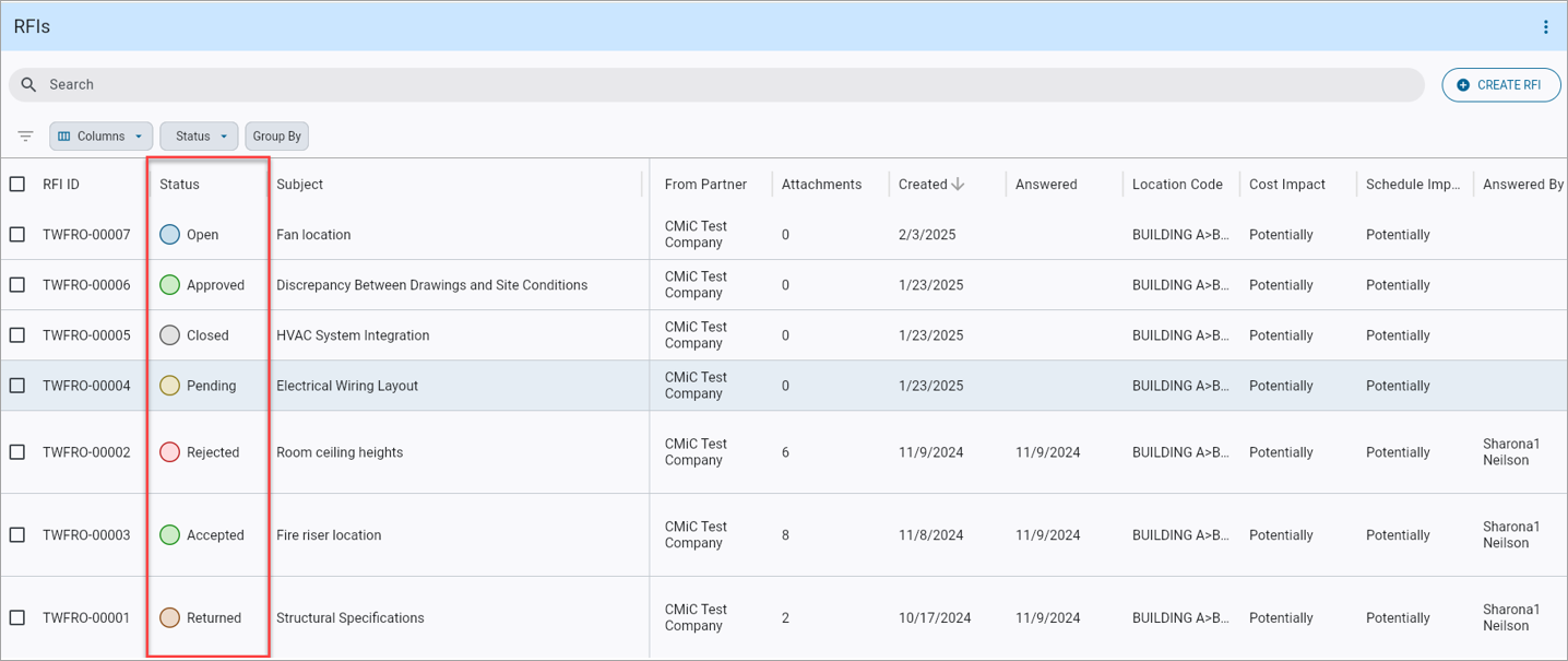 Screenshot of RFIs screen with status colors.