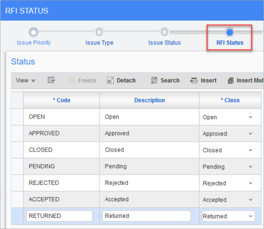 Screenshot of RFI Status screen.
