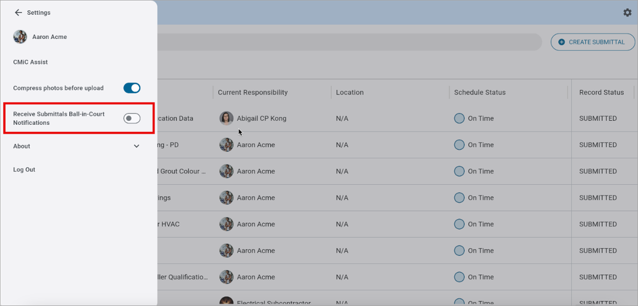 Screenshot of Settings screen in Construct PM web.