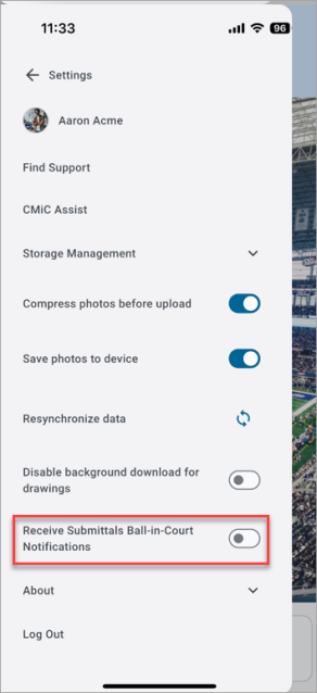 Screenshot of Settings in Construct PM mobile.