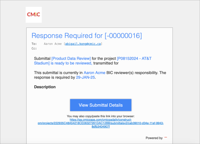 Screenshot of Submittals BIC email notification.