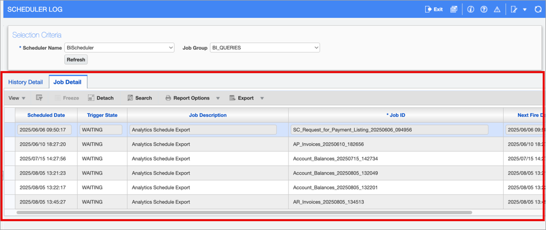 Screenshot of Scheduler Log screen in System Data module.