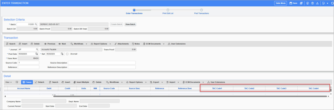 Screenshot of General Ledger Enter Transaction screen.