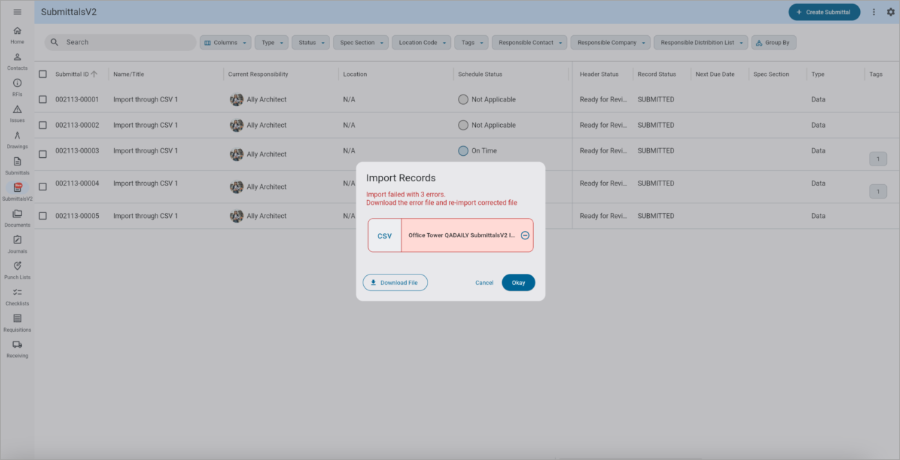 Patch 22 Highlight - Construct PM - Submittals V2 Import