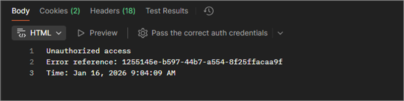 Example of error response in Postman