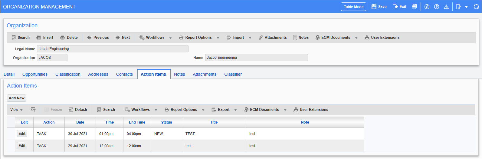 Sample of the Action Items tab on the Organization Management screen