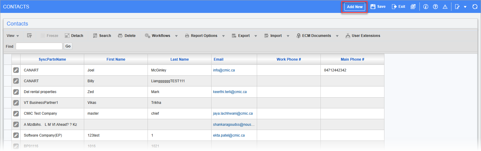 Sample of the Contacts screen in Table Mode