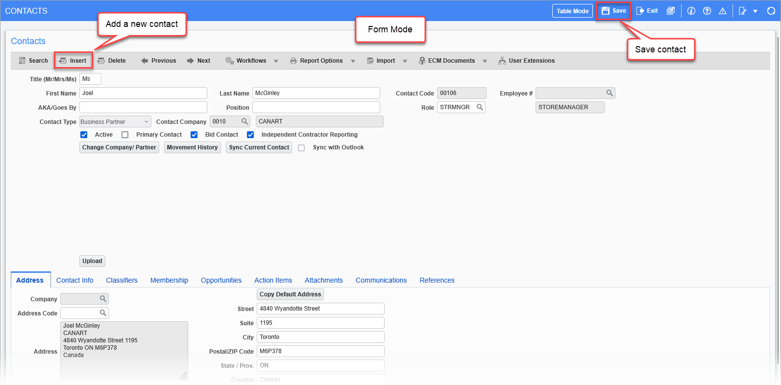 Sample of the Contacts screen in Form Mode