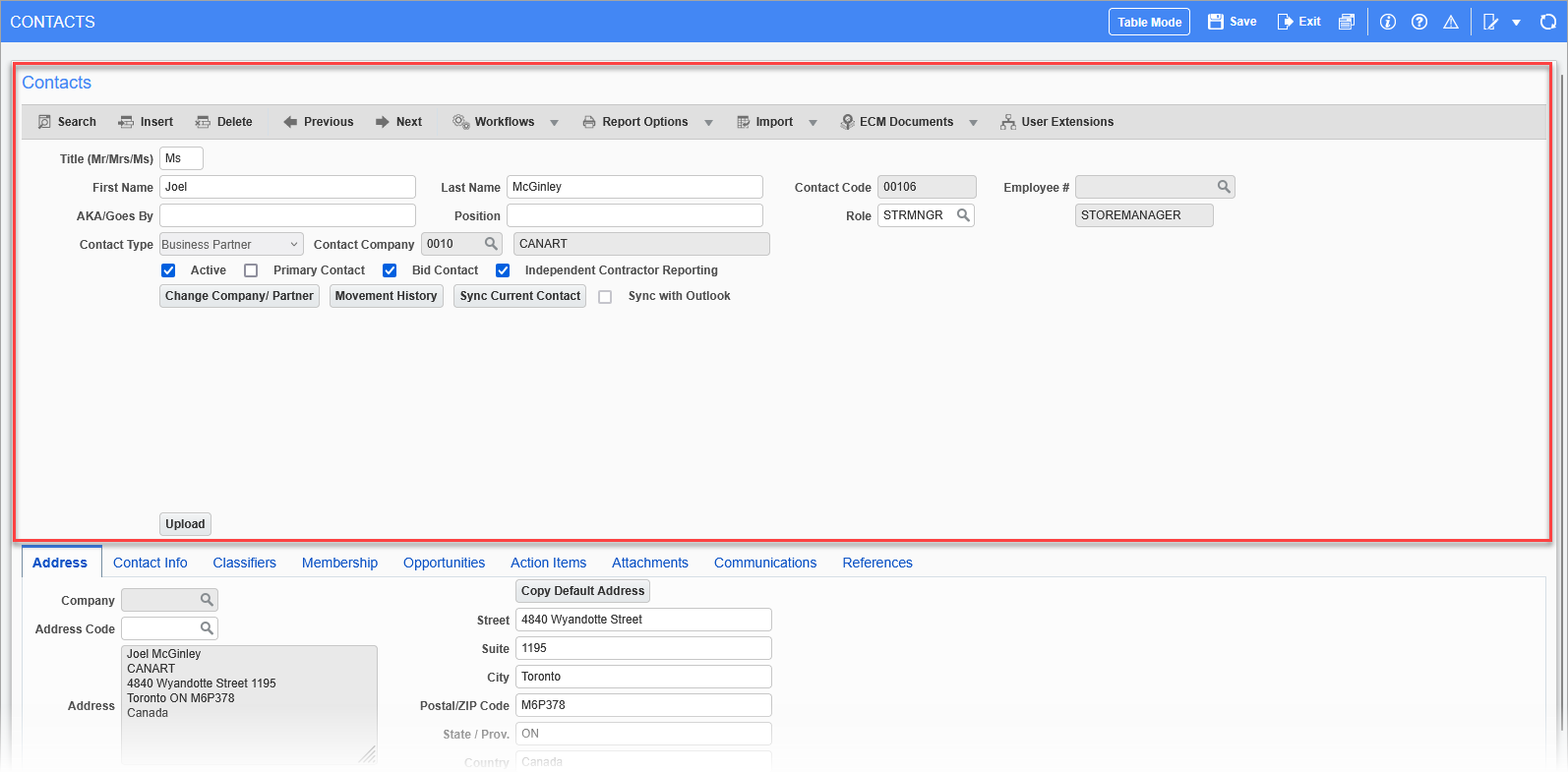 Sample of the Contacts section on the Contacts screen