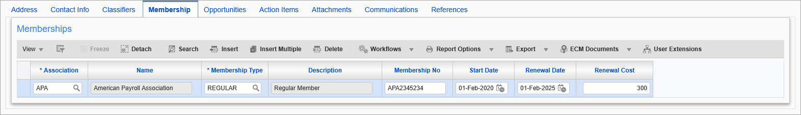 Sample of the Membership tab on the Contacts screen
