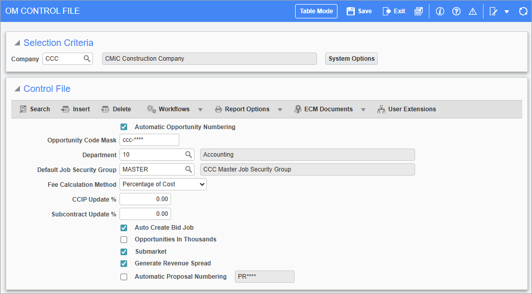 Screenshot of OM Control File.