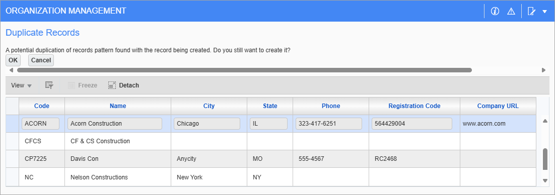 Screenshot of Duplicate Records pop-up.
