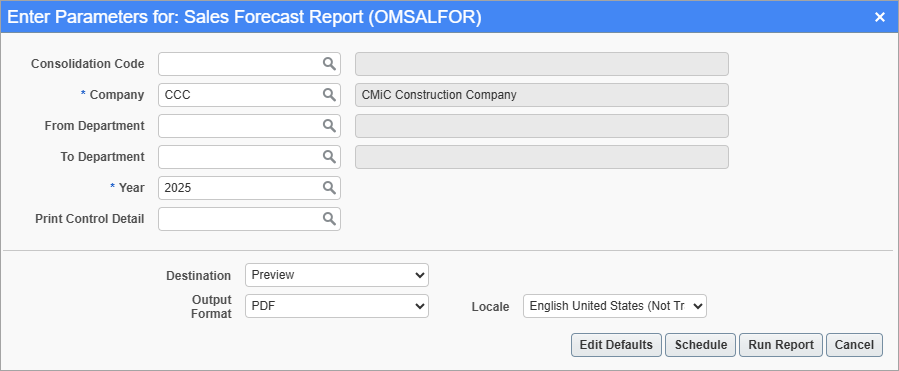 Screenshot of Sales Forecast Report parameter screen.