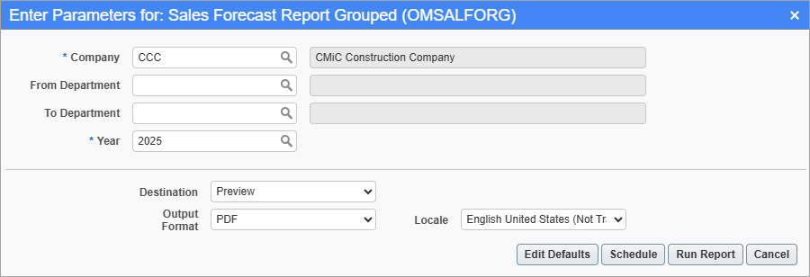 Screenshot of Sales Forecast Report Grouped parameter screen.