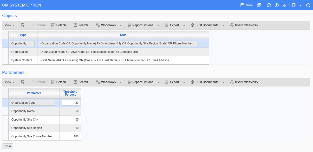 Screenshot of OM System Option pop-up.