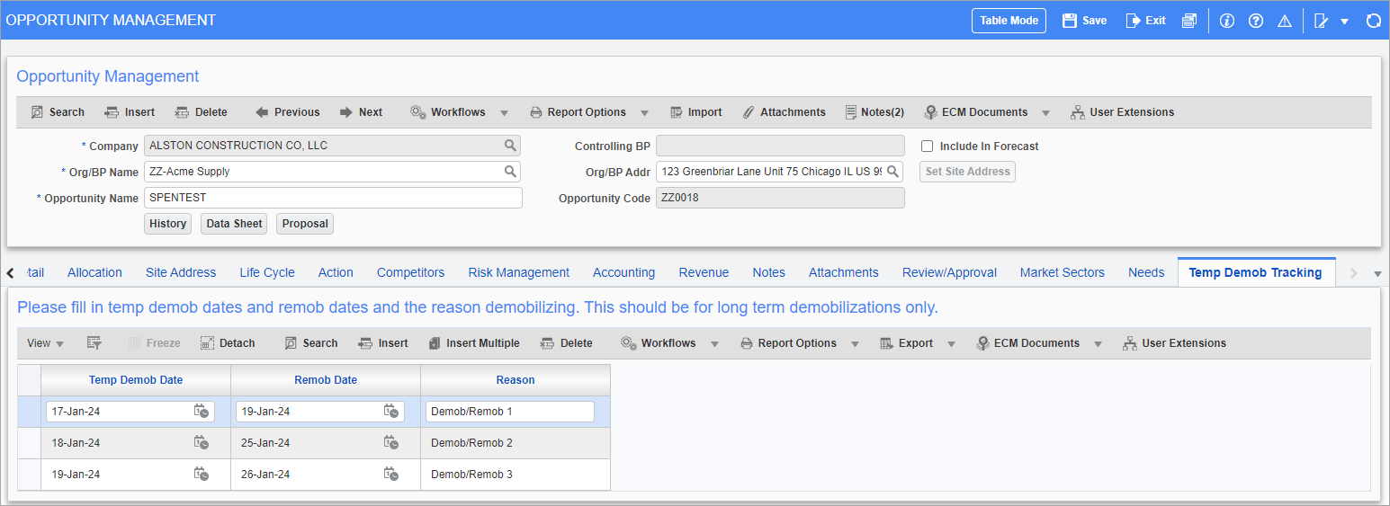 Screenshot of Temporary Demob Tracking Tab