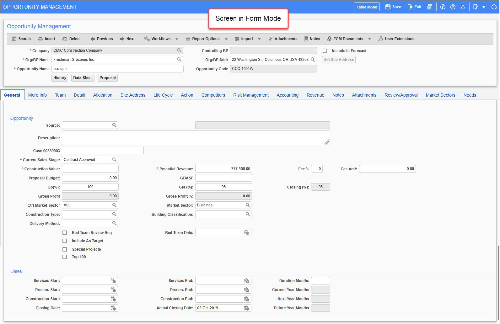 Sample of Opportunities screen in form mode