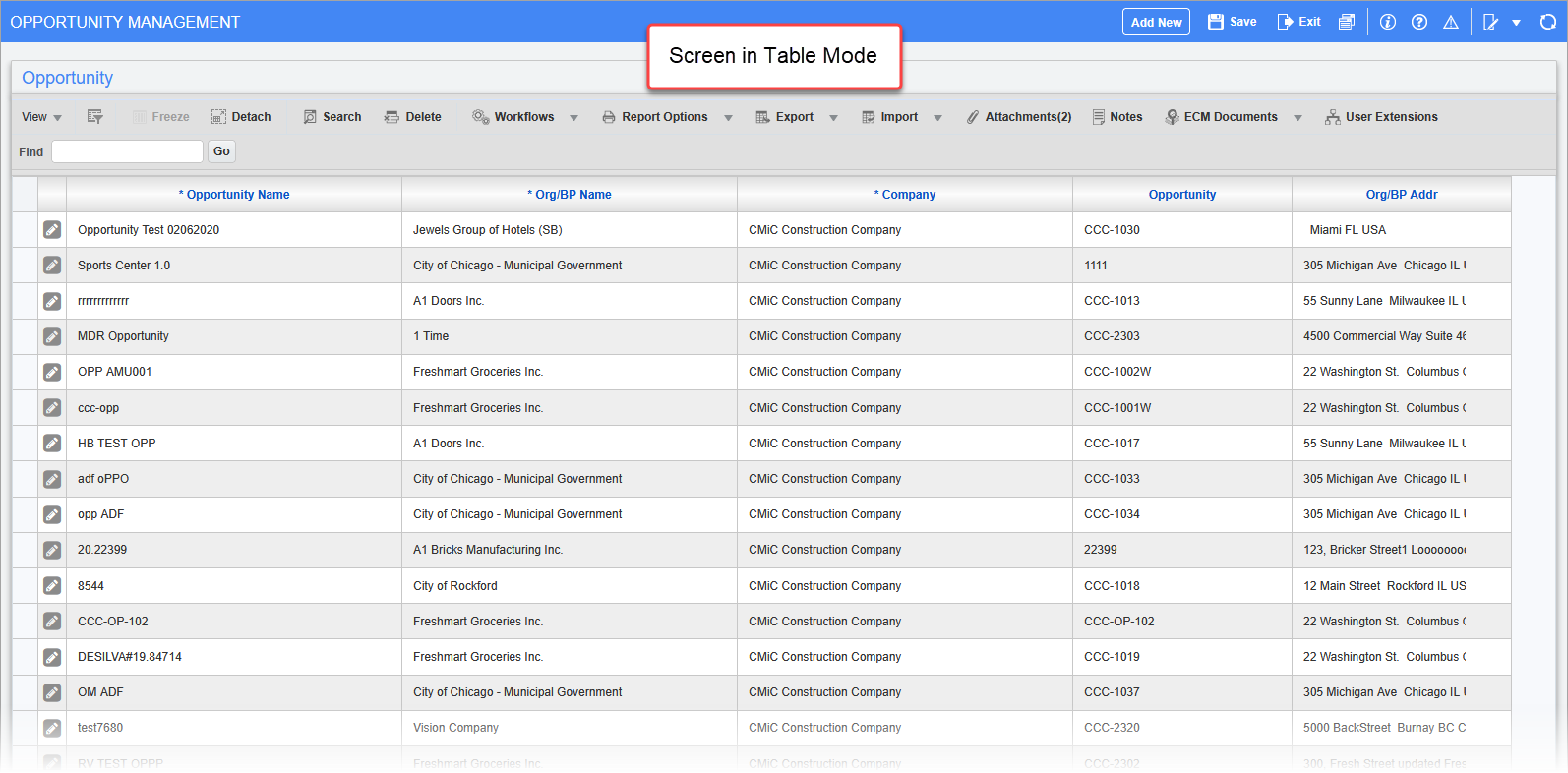 Sample of the Opportunities screen