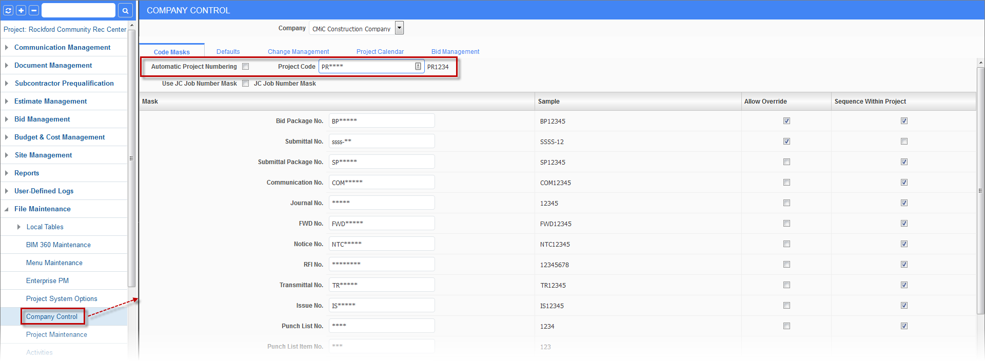 Project Screen in CMiC Field