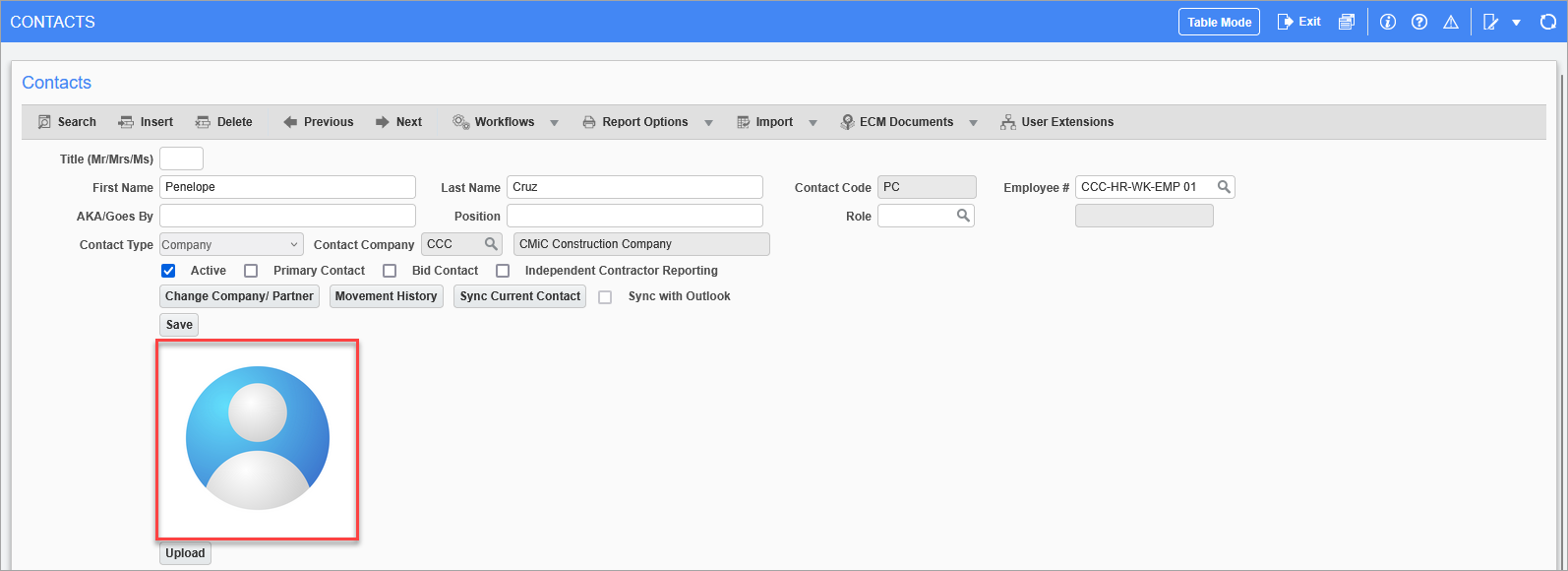 Sample of a profile picture on the Contacts screen
