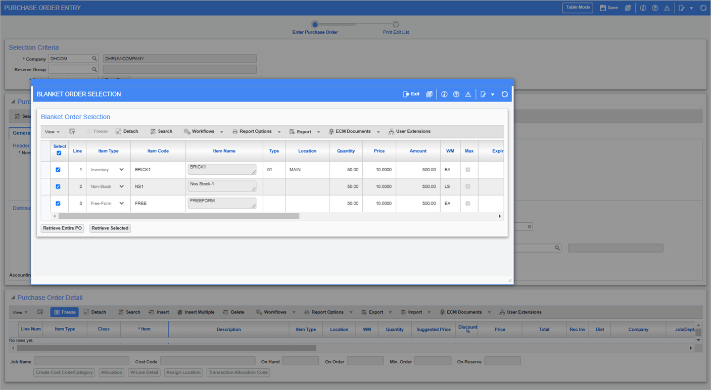 Screenshot of the Blanket Order Selection pop-up window
