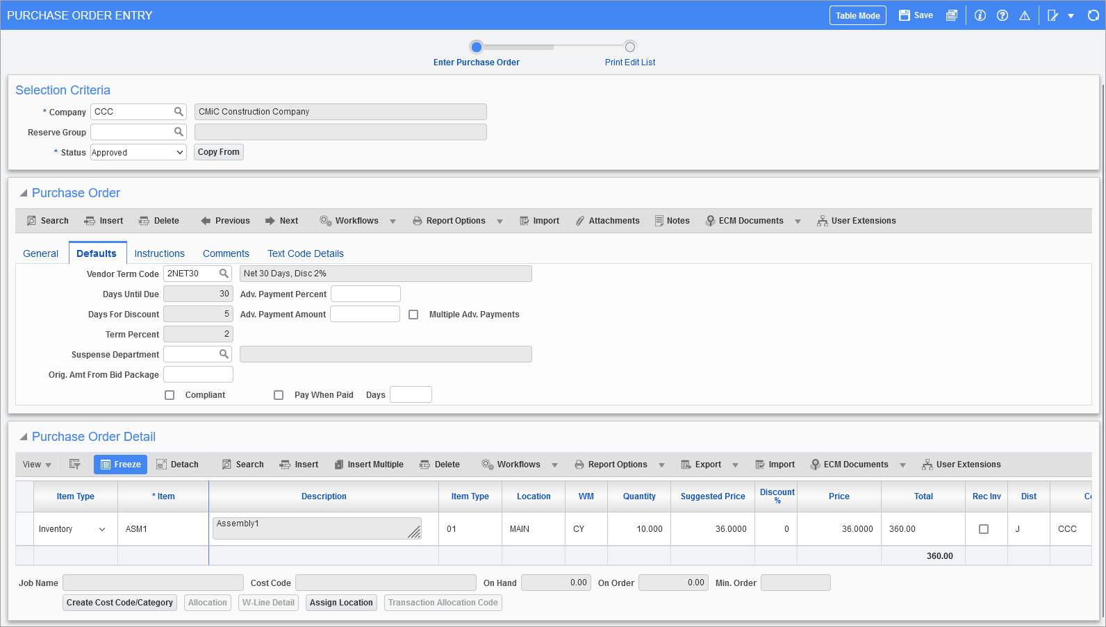 Defaults tab of the Purchase Order Entry screen