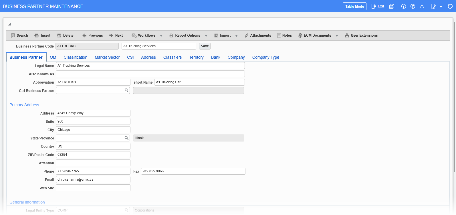 Sample of the Maintain Business Partner screen