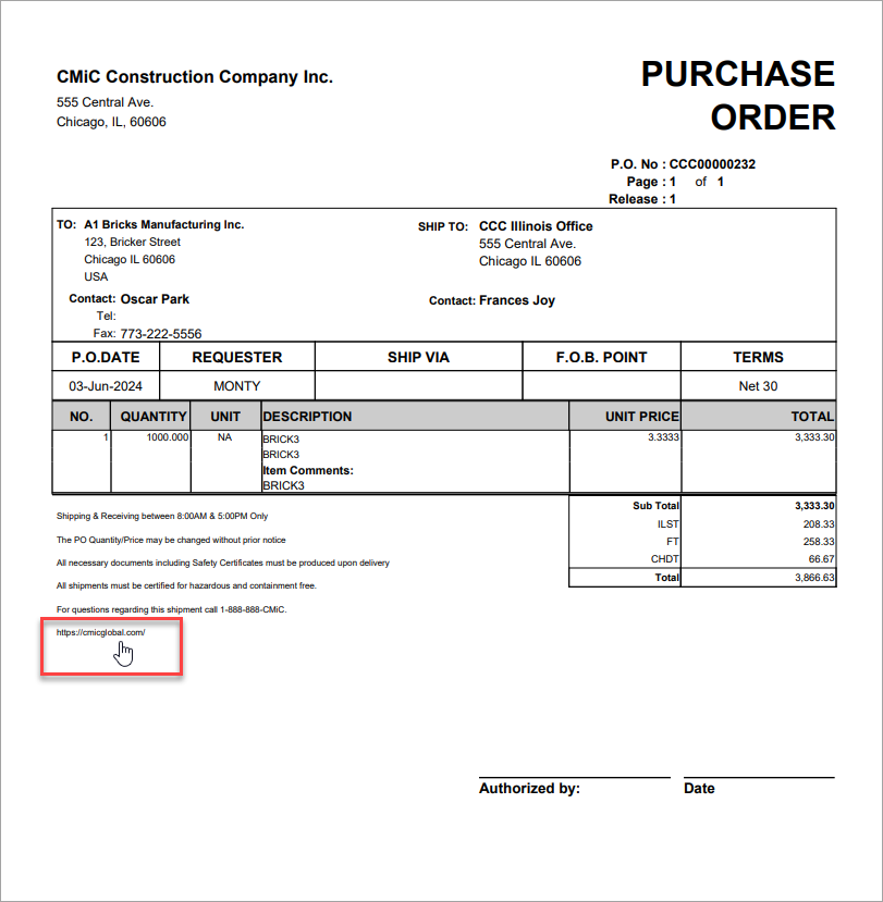 Image of ample purchase order with hyperlink in footer