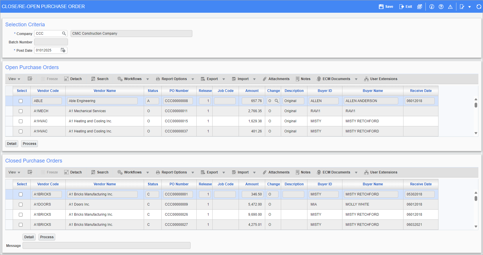 Screenshot of Close/Re-open Purchase Order.