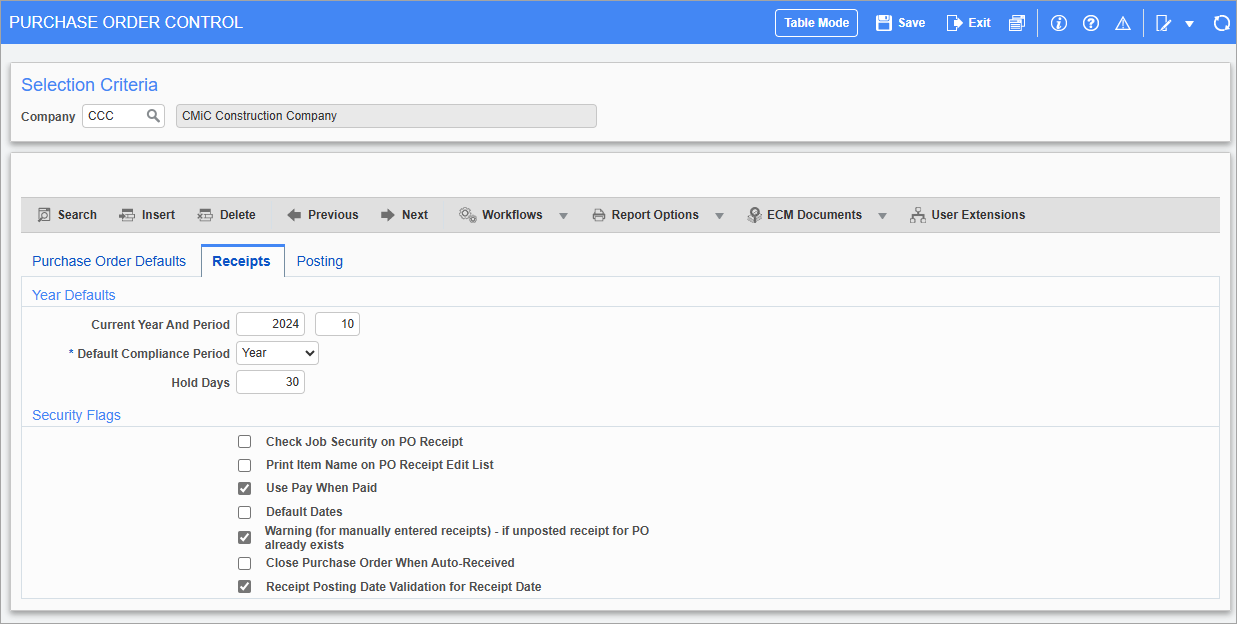 Screenshot of PO Control - Receipts tab.
