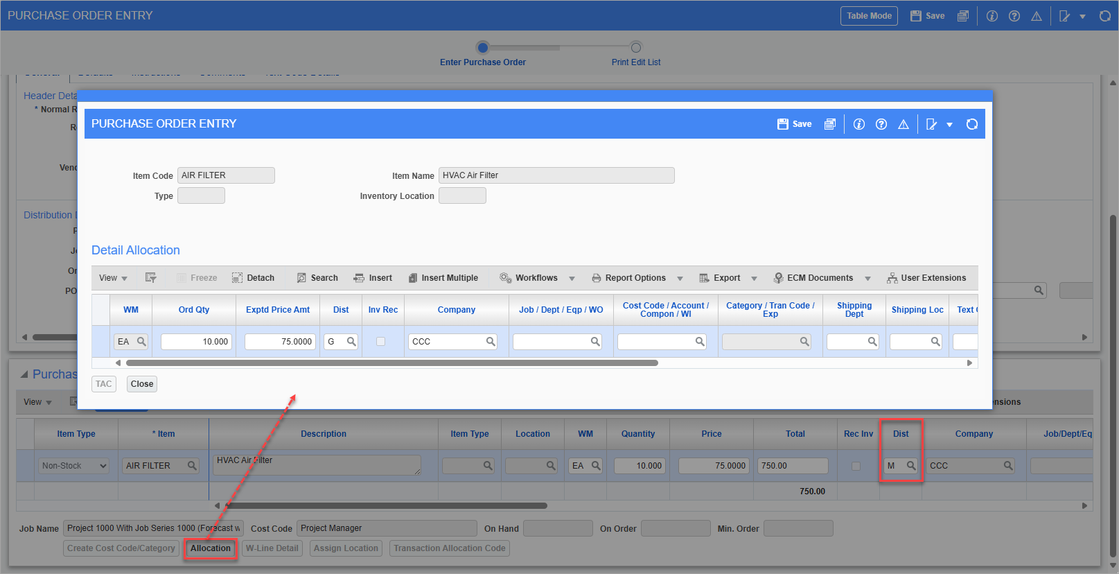Screenshot of Detail Allocation pop-up launched from pop-up button.