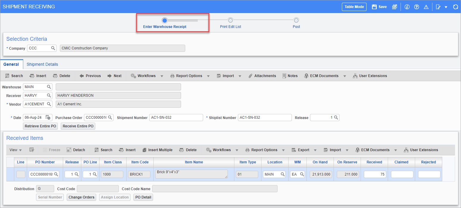 Screenshot of Enter Warehouse Receipt node