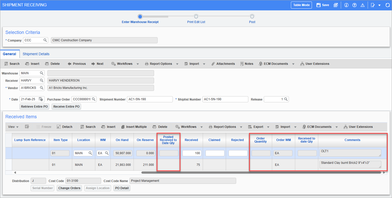 Screenshot of Warehouse Receiving with optional fields made visible using Lite Editor.