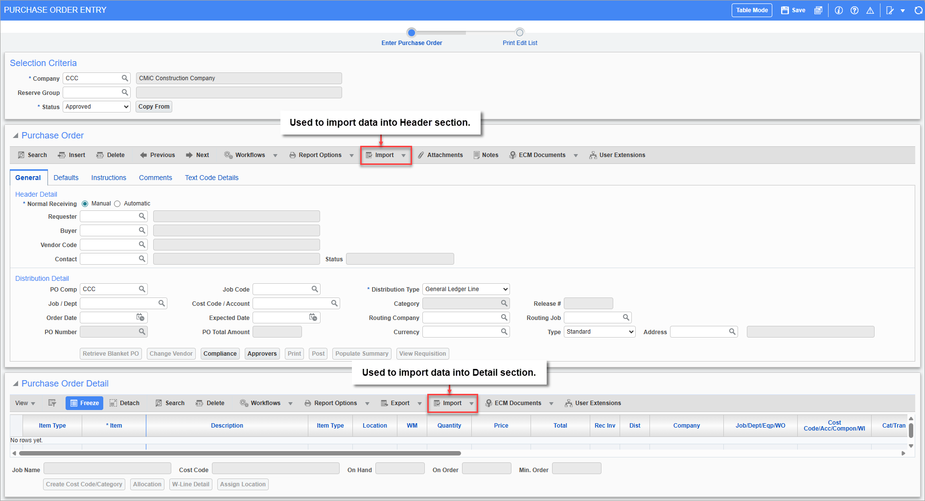 Screenshot of [Import] buttons on Purchase Order Entry.