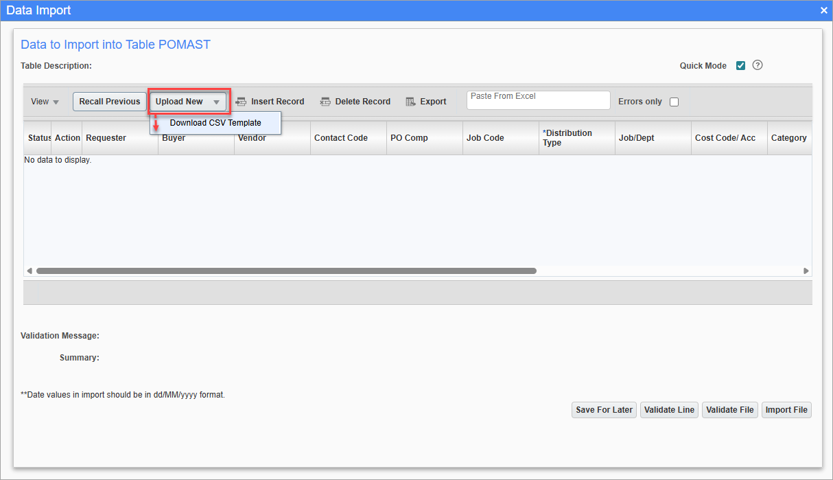 Screenshot of Data Import pop-up.