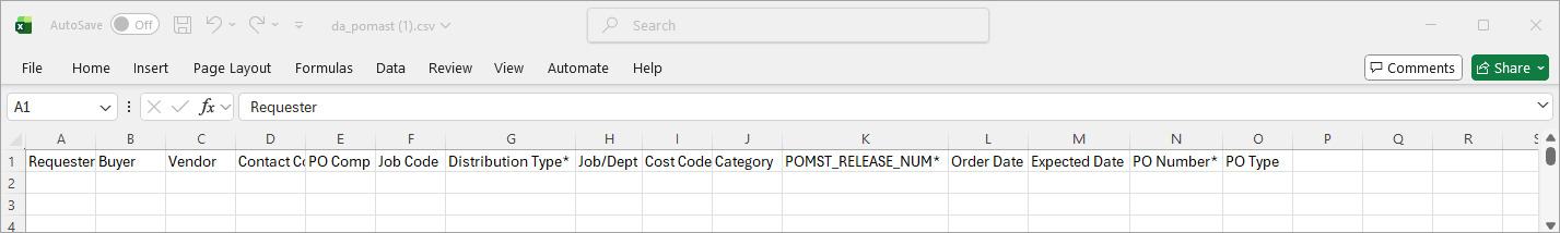 Example of .csv template file in spreadsheet (MS Excel)