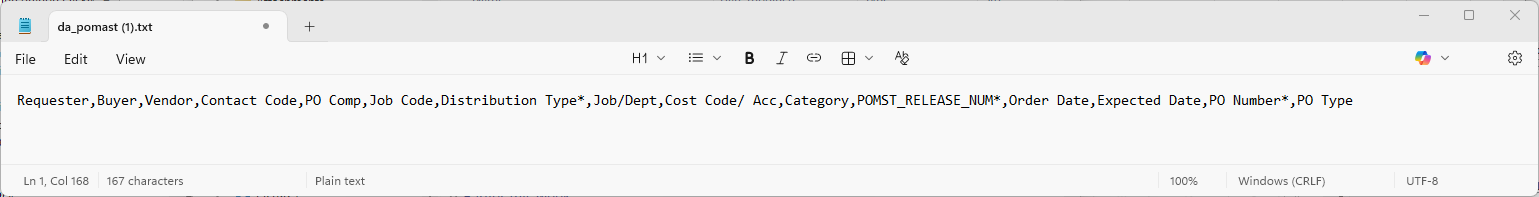 Example of .csv template file in text editor (Notepad).