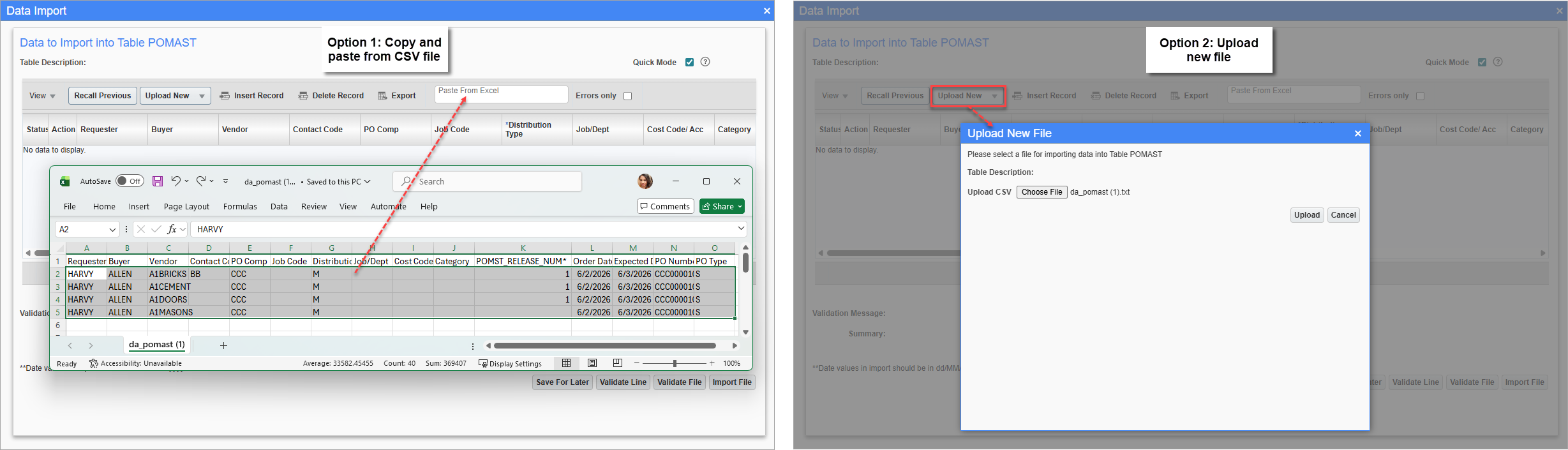 Data Import pop-up window showing two ways to upload .csv files.
