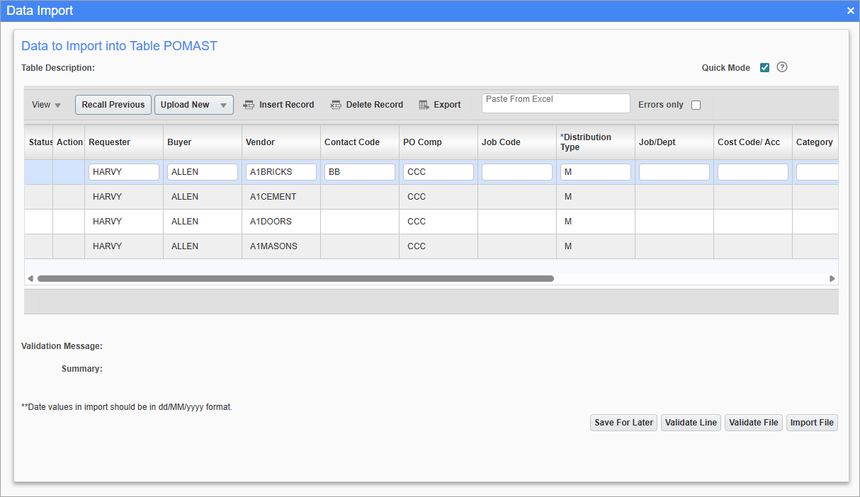 Screenshot of Data Import pop-up.