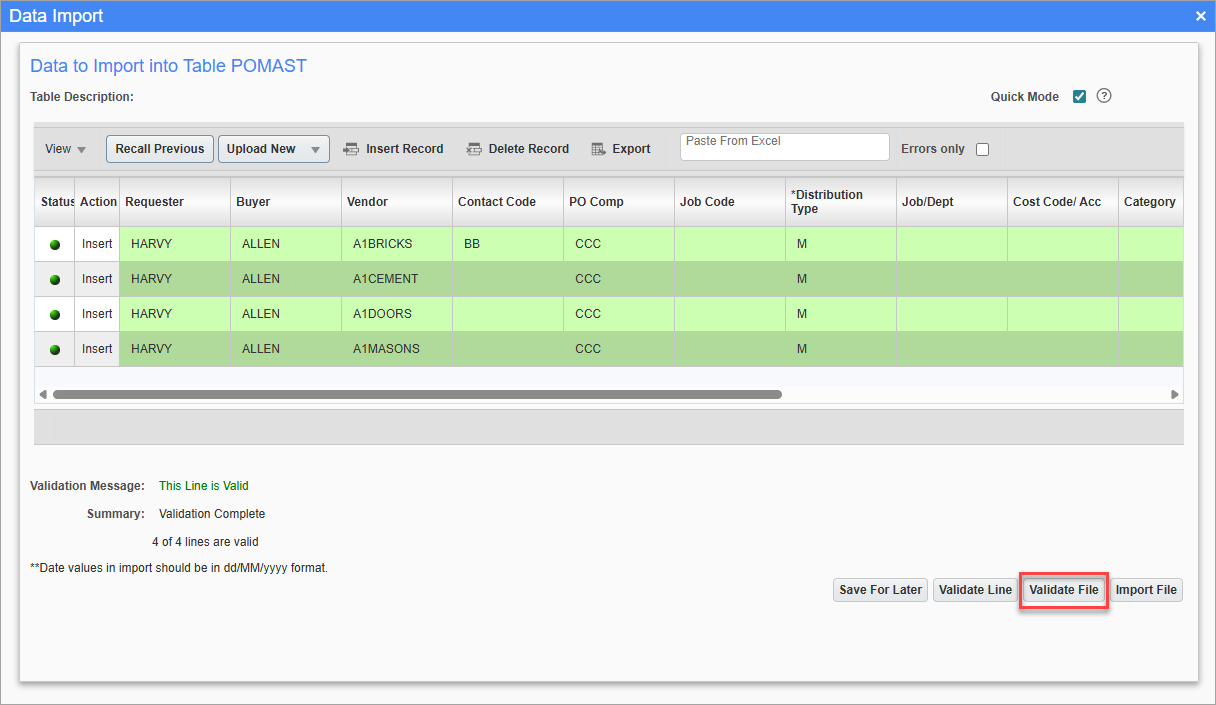 Screenshot of Data Import pop-up.